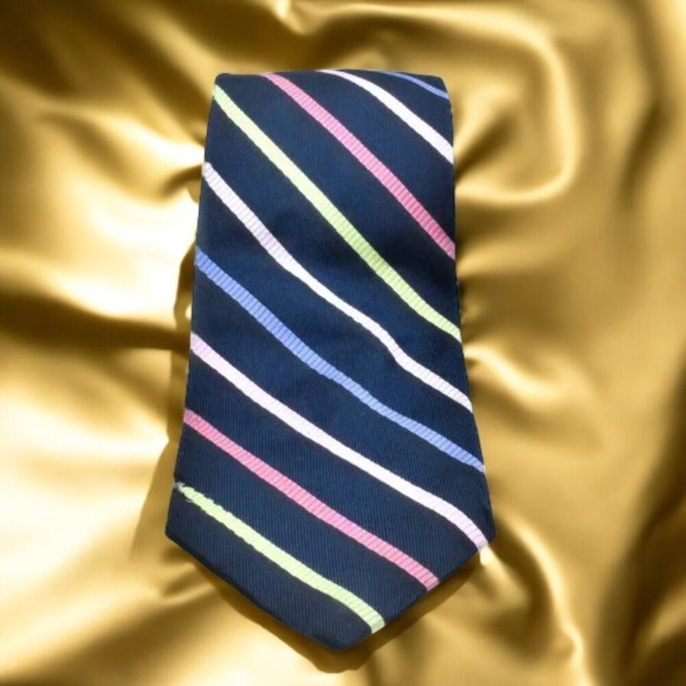 Grant Thomas Silk Tie Pastel Stripes on Navy Hand Sewn